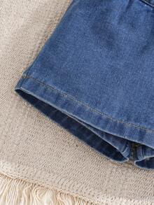 女婴牛仔短裤，夏季轻薄新款，中度水洗蓝色，可爱街头风，宽松版型，弹性腰带，柔软舒适的棉质牛仔面料，适合日常穿着、聚会、上学、通勤等场合，2026夏季新款 - 中等水洗藍 - 查看 5