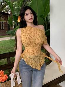 Modelyn 黄色碎花不对称领口荷叶边下摆性感度假女式衬衫 - 黃色 - 查看 7