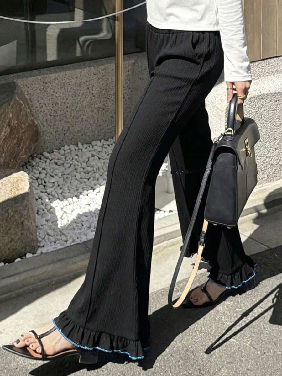 FRIFUL Pantalones acampanados casuales de cintura elástica de unicolor para mujer - Azul - Ver 1