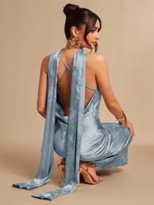 Silquee Đầm satin jacquard hở lưng kiểu đan chéo dành cho nữ, thích hợp cho mùa xuân và mùa hè. - Màu xanh lam - Xem 6