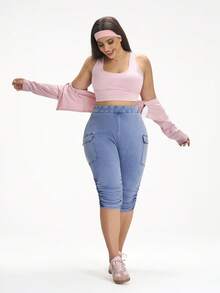 Flexra Plus Size Knitted Denim Cargo Capri Pants - Blue - View 6