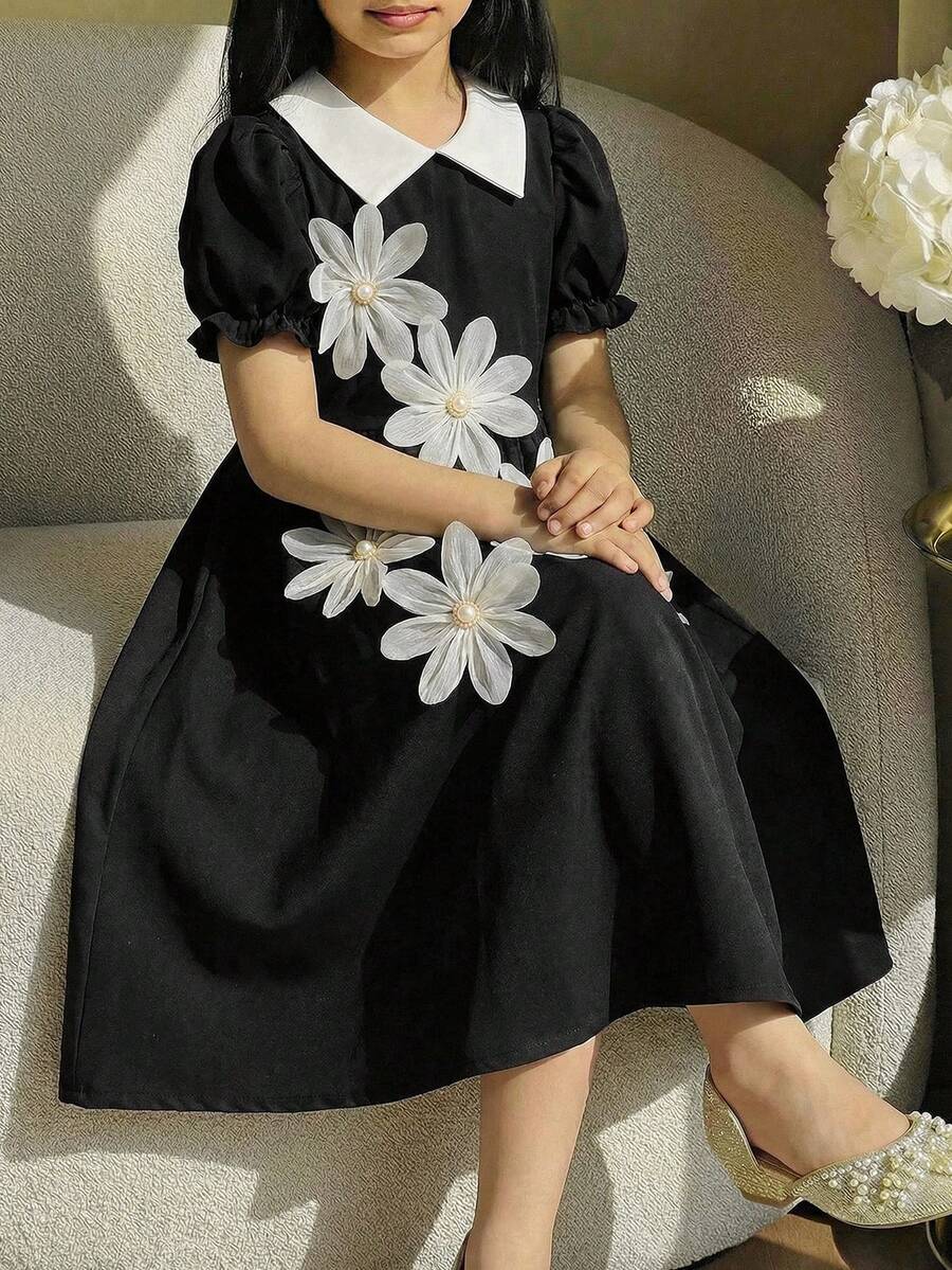 黑白配色夏季優雅派對洋裝,3D花卉短袖領口A字裙Tween女孩制服洋裝,甜美雛菊花幼童服飾 - 黑色 - 查看 1