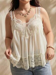 Solflare Plus Size Women Summer Lace Trim Casual Versatile Daily Wear Halter Top - Beige - View 4