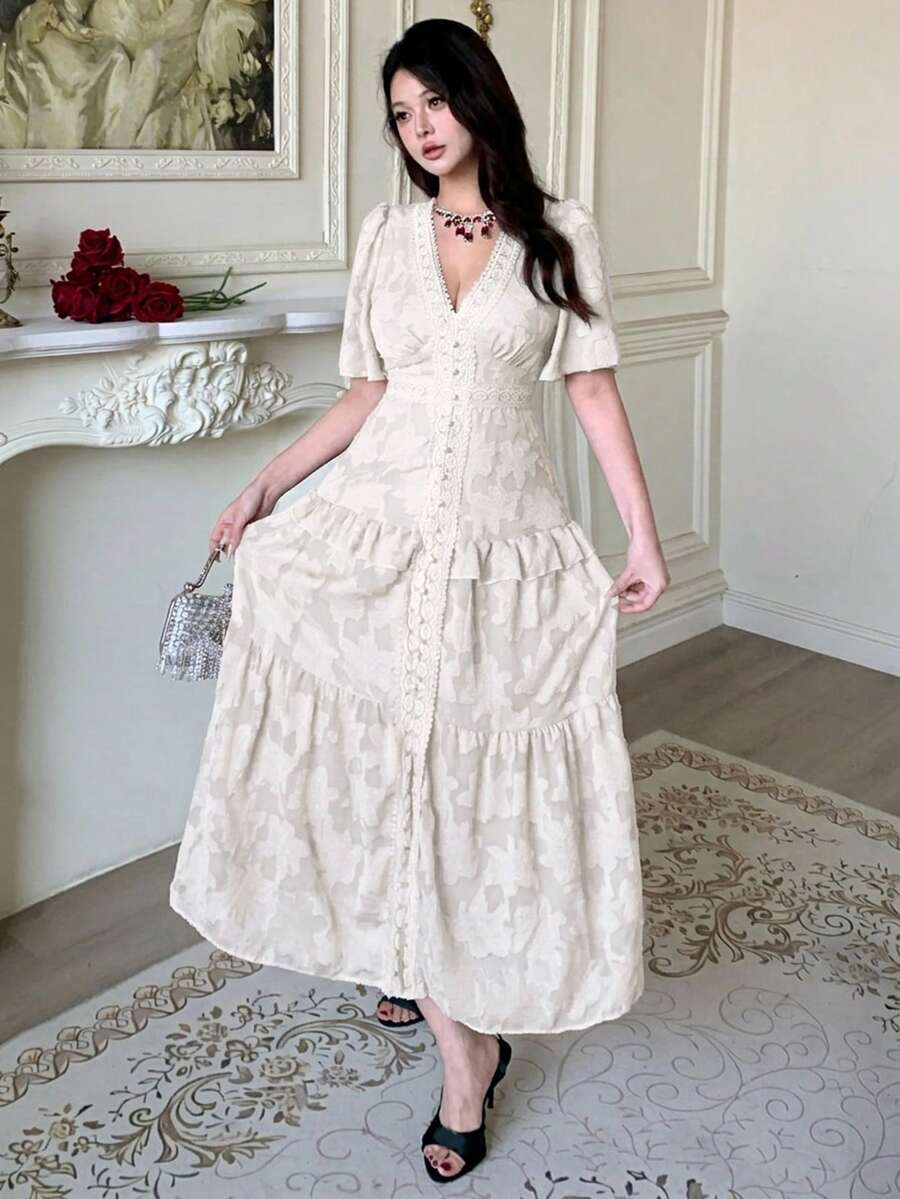 DAZY Đầm lửng nữ thanh lịch, chất liệu ren hoa văn phối ren, cổ chữ V, tay cánh hoa, thích hợp cho mùa hè. - Pearl White - Xem 1