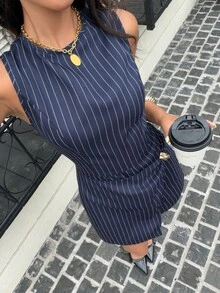 Siren Gaze 女士休闲条纹印花裹身下摆无袖连体裤，适合夏季日常、工作和通勤穿着 - 藏蓝色 - 查看 4