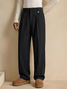 AKNOTIC Men's Casual Everyday Commute Minimalist Versatile Black Polyester-Nylon Pleated Loose Straight Leg Pants - Black - View 7