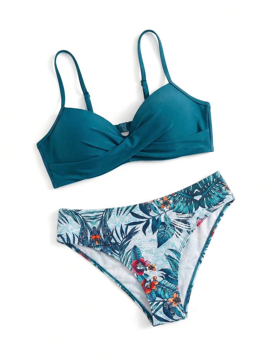 Sweetra Set bikini tropical Sujetador con hebilla trasera push up girante & Bottom hipster Traje de baño de 2 piezas - Agua verde azul - Ver 1
