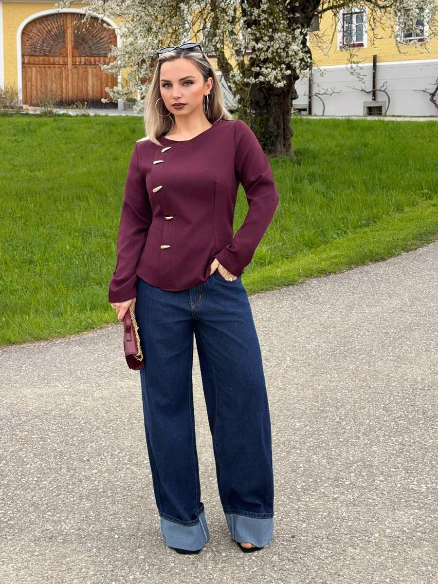 Jeta Ari Woven Non-Stretch Black Long Sleeve Metal Button Fitted Outdoor Blouse, Fashionable & Elegant For Women - Burgundy - View 1