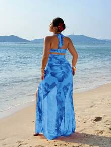 Sunnyshic Sexy Island Beach Resort Strapless Sleeveless Mesh Floral Print Maxi Dress, Plus Size - Blue - View 2