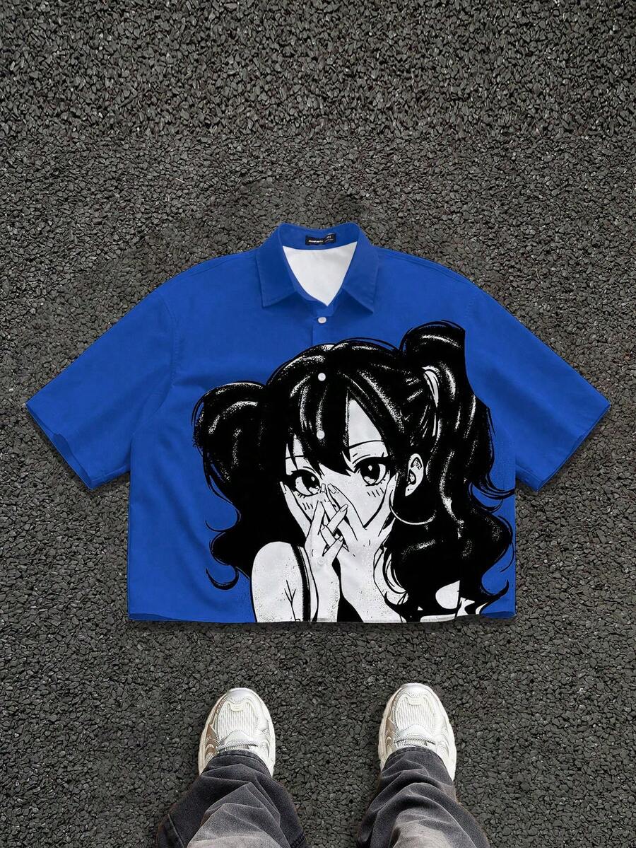 Manfinity ZONE917 Men's Fashion Girl Print Short Sleeve Cropped Shirt - Blue - View 1
