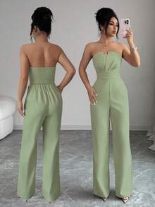 Rafferiza Women's Fashionable Solid Color Ruched Bandeau Jumpsuit - Green - View 4