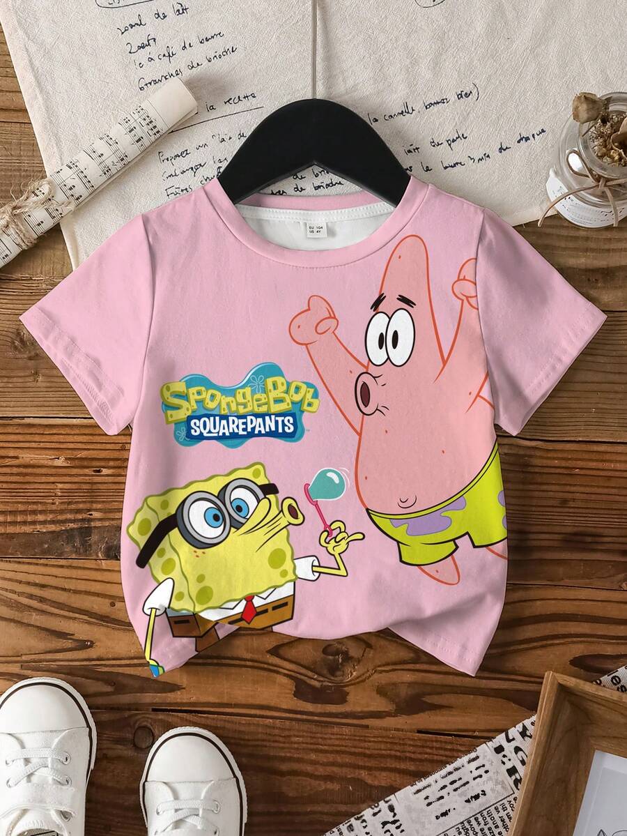 SpongeBob SquarePants | SHEIN 女童卡通印花短袖T恤,全身印花 - 白色 - 查看 1