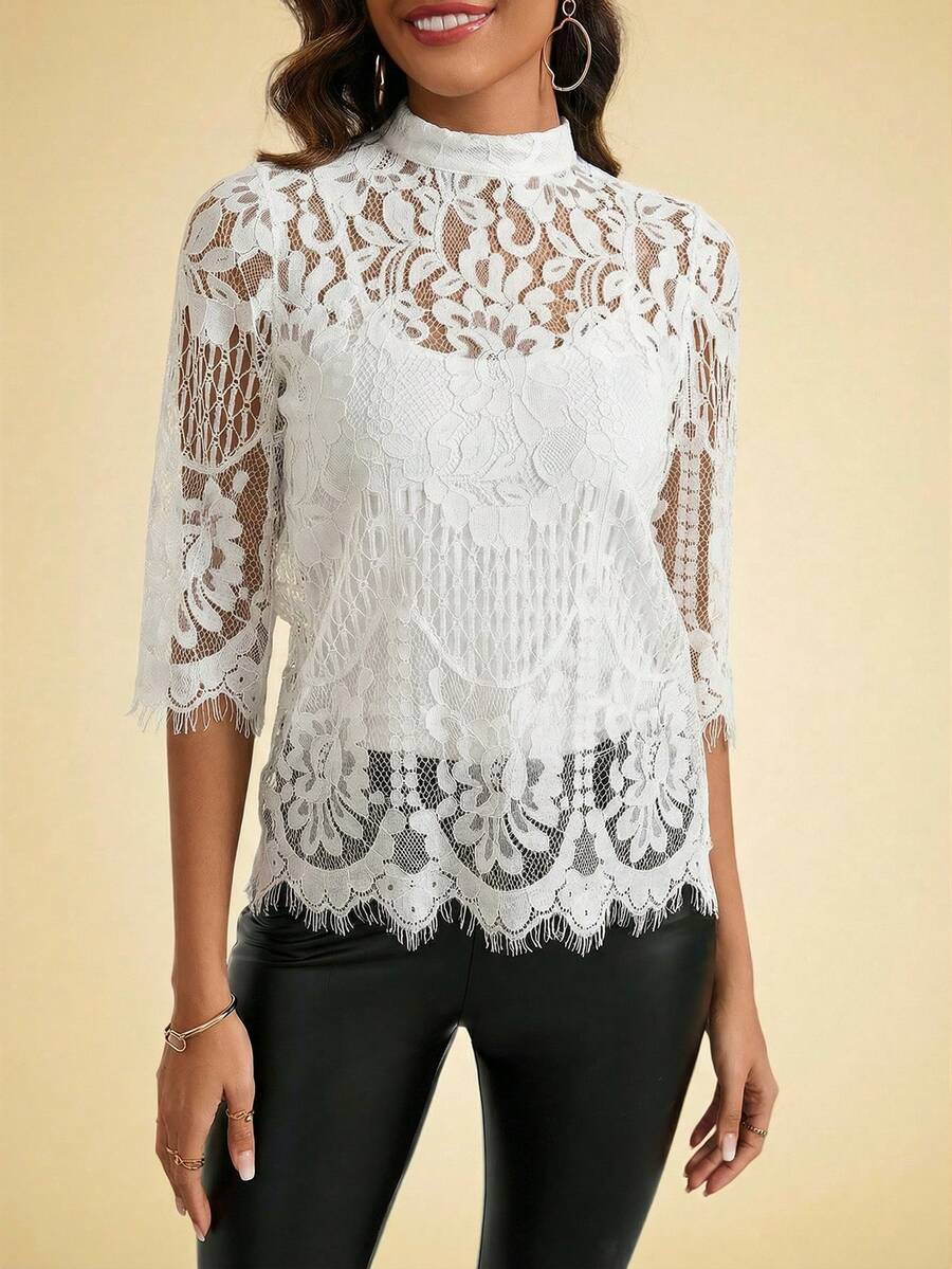 Amorya Women's Spring Stand Collar Lace Top - White - View 1
