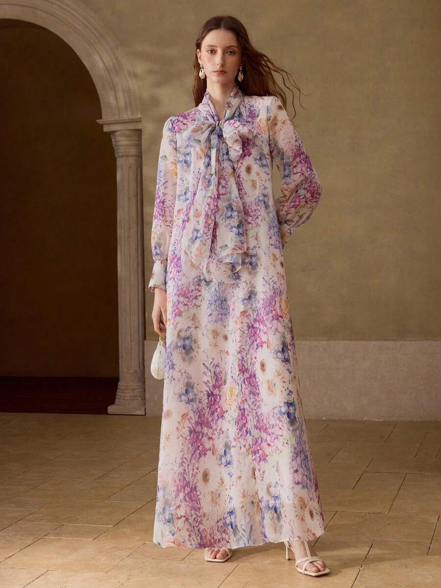 MOTF PREMIUM FLORAL PRINT TIE NECK LANTERN SLEEVE DRESS - Multicolor - View 2