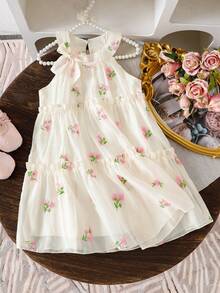 Elladie kids Đầm cổ yếm cho bé gái với họa tiết hoa, nơ trang trí ở cổ, kiểu dáng tươi tắn và dịu dàng, thích hợp cho các chuyến đi chơi mùa hè, ngọt ngào và dễ thương, chiếc đầm hè giản dị và đa năng. - Màu be - Xem 3