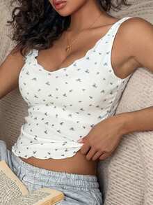Livesso Women's Summer Small Floral Print Round Neck Camisole - White - View 5