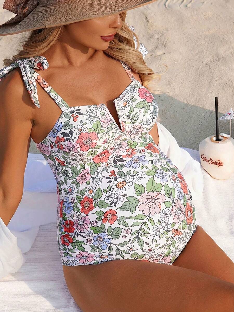 SHEIN Swim Vcay 26SS 夏季海滩度假碎花V领蝴蝶结休闲孕妇连体裤 - 彩色 - 查看 1