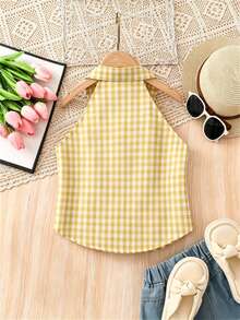 SHEIN Kemeja Pendek Anak Perempuan (Ukuran Besar) Musim Semi/Panas Motif Liburan Pedesaan Prancis yang Manis dan Imut Tanpa Lengan dengan Kerah Halter dan Kancing, Motif Kotak-kotak Merah - Kuning - View 3