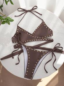 Swim Vcay Conjunto de bikini con top halter acolchado y unicolor para mujeres, primavera/verano - Marrón - Ver 6