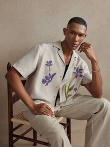 AKNOTIC Business Casual 男士休闲开衫外套，复古花卉印花，春夏新款男士度假装扮，男士保龄球衫，男士度假服，男士亚麻套装，男士度假装，Sumwon - 杏色 - 查看 3