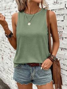 SHEIN LUNE Chaleco sin mangas de cuello redondo 95% casual de unicolor cómodo para exteriores, adecuado para el verano - Verde - Ver 5