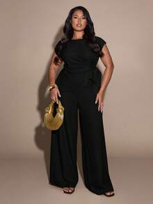 SHEIN BAE Plus Size Women Solid Color Top And Wide Leg Pants Casual Everyday Set - Black - View 1