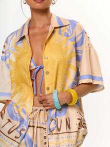 MUSERA Camisa de manga corta con botones y estampado gráfico solar, ideal para vacaciones, festivales, playa, vacaciones en Ibiza, elegante para primavera y verano - Blanco - Ver 2