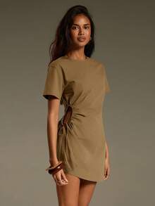 Athîral Women's Minimalist Solid Color Hollow Out Drawstring Detail Short Sleeve Mini Dress, Summer,Summer Dresses For Women - Coffee Brown - View 3