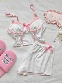 SHEIN Comfortcana Bộ đồ PJ / Bộ đồ ngủ có nơ ren tương phản Bộ màu trắng - trắng - Xem 1