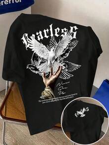 Manfinity Dauomo 男士休闲字母鸽子印花圆领短袖T恤，夏季 - 黑色 - 查看 1