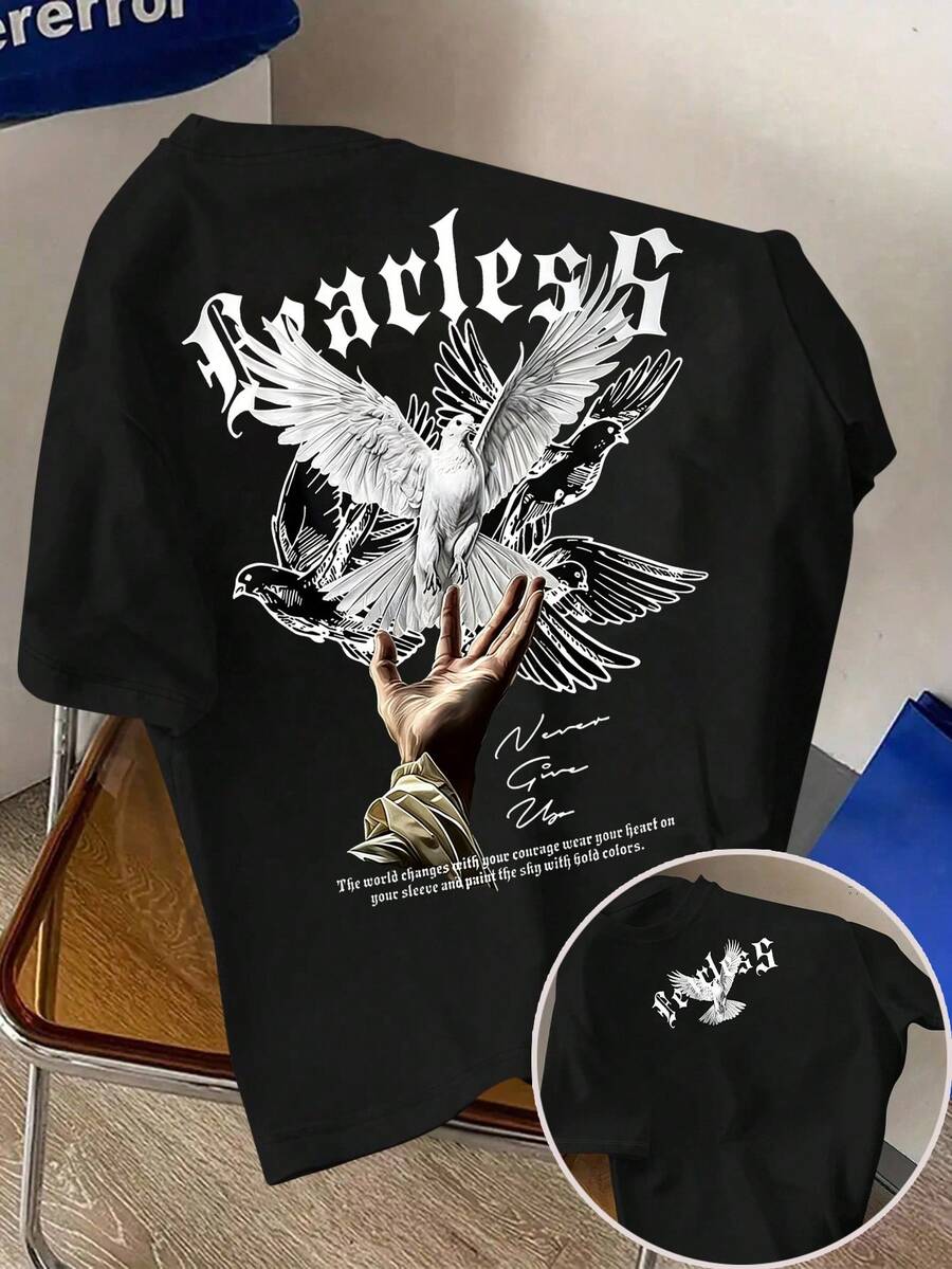 Manfinity Dauomo 男士休闲字母鸽子印花圆领短袖T恤，夏季 - 黑色 - 查看 1