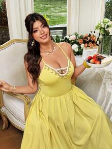 FleurLily Plus Size Women Summer Fashion Elegant Vacation V-Neck Patchwork Ruched A-Line Slip Dress Gym Brown - Yellow - View 6