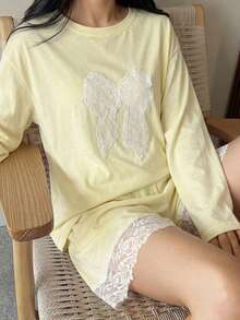 DAZY Conjunto de pijama de 2 piezas con camiseta de manga larga holgada y pantalones cortos con parches de encaje y decoración de moño, para verano - Amarillo - Ver 7