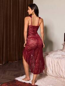 Slumberist Women's Sexy Sheer Lace Patchwork Ruffle Asymmetric Nightgown - Burgundy - View 2