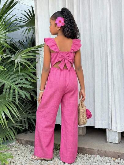 1pc Teens/Young Women's Jumpsuit, Hollow Back Design, Decorative Oversized Bow, Spaghetti Strap Ruffle Sleeve Jumpsuit, Suitable For Casual Wear In Spring/Summer