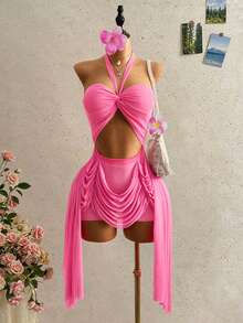 SHEIN BamGlam 女士新款性感露肩吊带连衣裙，Y2K复古风，甜辣混搭，薄纱面料，露肩设计，吊带款式，性感镂空设计，透明雪纺面料，度假风，2026时尚，| 服装，不对称流苏设计，适合海滩度假穿着 - 玫紅色 - 查看 1