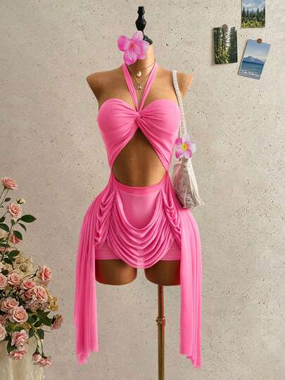 SHEIN BamGlam Đầm cổ yếm gợi cảm mới dành cho nữ, phong cách Y2K tái hiện, kiểu dáng ngọt ngào quyến rũ, chất liệu vải xuyên thấu, đầm trễ vai, đầm cổ yếm, thiết kế cắt xẻ gợi cảm, vải chiffon trong suốt, phong cách nghỉ dưỡng, thời trang 2026, | Trang phục, thiết kế tua rua bất đối xứng, phù hợp cho đầm đi biển.