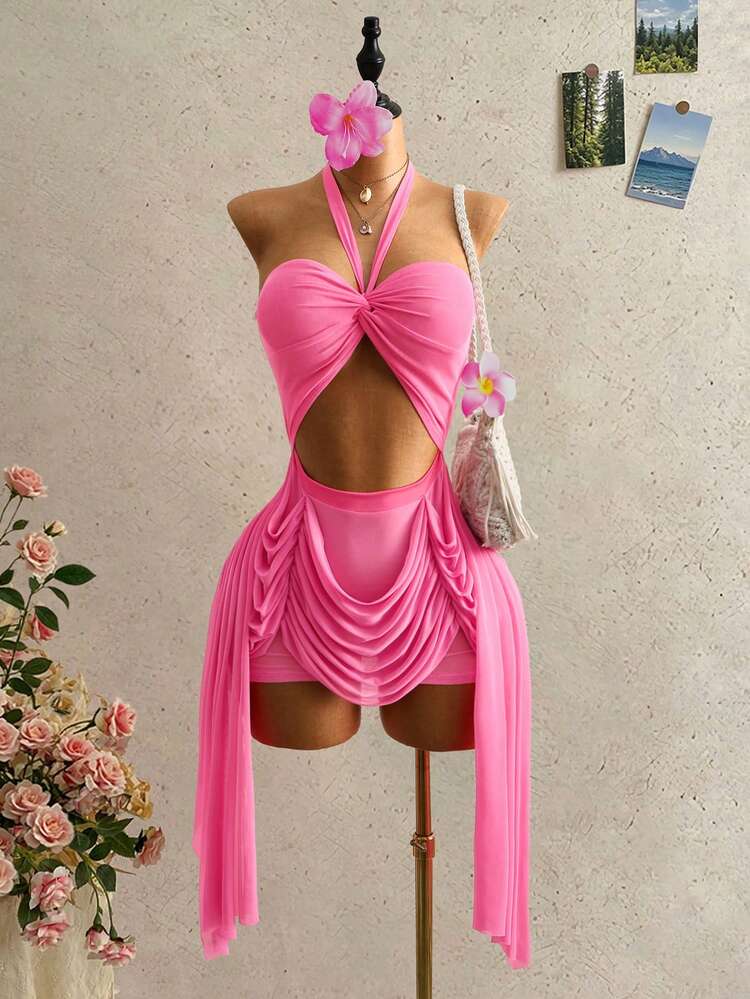 Mistrie Women's Pink Summer 70's Y2K Halter Dress, Cut-Out Off-The-Shoulder  Sheer Chiffon,Asymmetric Tassel,Club Night Holiday Party Disco Beach  Vacation | SHEIN EUR