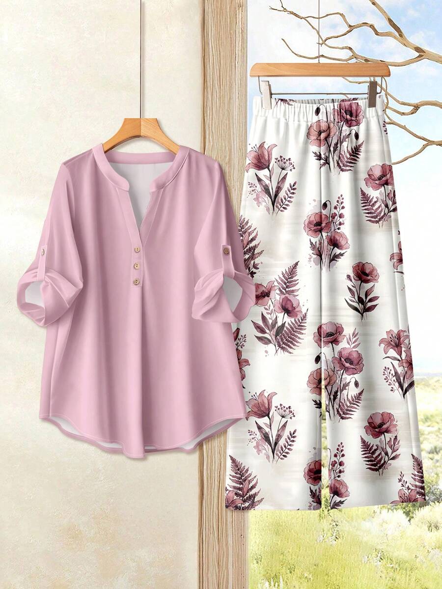 SHEIN RusticEase Bộ đồ 2 món dành cho nữ: Áo dài tay màu trơn và quần dài in họa tiết. - Hồng - Xem 1