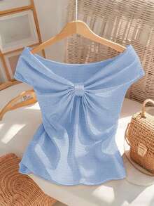 Elenzga Áo thun nữ mùa hè tay ngắn, ôm sát, che vai, thiết kế jacquard gợn sóng thanh lịch kiểu Pháp, màu hồng, ngọt ngào và duyên dáng, trẻ trung, đa năng, mặc được hàng ngày. - Màu xanh nhạt - Xem 5