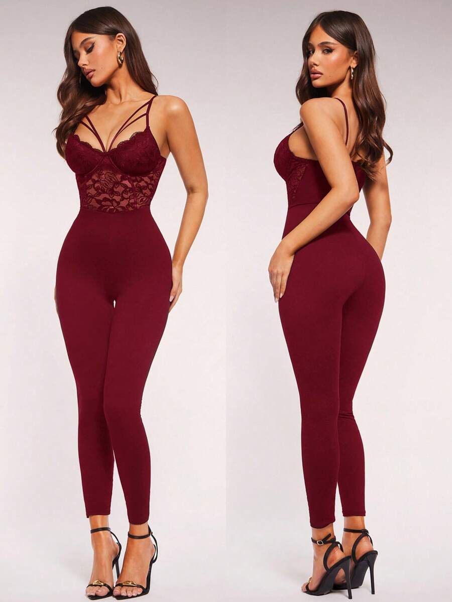 Radiana Bộ jumpsuit ren gợi cảm, thanh lịch dành cho nữ, thích hợp cho các buổi hẹn hò, tụ họp, tiệc tùng, câu lạc bộ và những buổi đi chơi hàng ngày. - Màu Đỏ Sâu - Xem 1