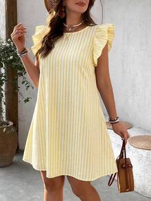 SHEIN VCAY Plus Size Casual Striped Pattern Flutter Sleeve Dress - Light Yellow - View 5