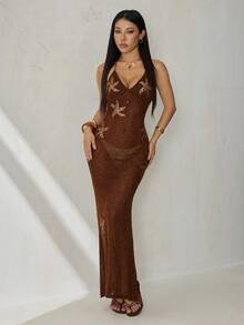 SHEIN PETITE Đầm ngắn ôm sát màu nâu/cà phê trơn dành cho nữ, chất liệu lưới móc họa tiết sao biển, thích hợp đi biển, đầm móc, đầm mùa hè, phong cách boho. - màu nâu - Xem 3