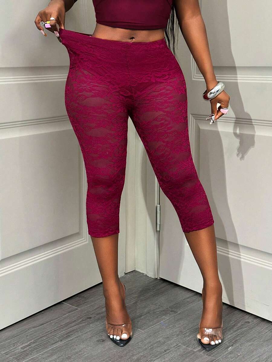 BamGleam Quần legging lửng 3/4 ôm sát, màu trơn, chất liệu ren mỏng, co giãn. - Màu Hồng Tươi - Xem 1
