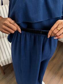 Conjunto de 2 piezas de maternidad con top de tirantes con volantes y pantalones anchos de pierna larga con cintura ajustable, estilo vacacional casual - Azul - Ver 6