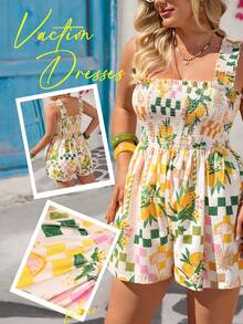 Vivid Eden Plus Size Fruit Print Casual Romper,Vacation,Vacation Style,Summer Outfit For Women,Summer Beach Outfits,Beach Outfits For Women, Festival, Bohemian, BOHO, Sweet, Tropical Vacation Woman Clothes,Holiday Outfits ,Summer Outfits,Beach Outfits For Women, Festival, Bohemian, BOHO, Sweet, Tropical Vacation Woman Clothes,Holiday Outfits ,Summer Outfits,Spring To Summer, - Yellow - View 11
