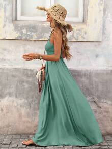Brillora Spring/Summer Casual Vacation A-Line Waist Cinched Textured Fabric Spaghetti Strap Dress - Green - View 7
