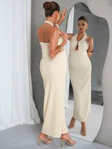MaterniChic Maternity Clothes Two-Piece Set Spring And Summer Pregnant Clothes Apricot Two-Piece Set, Textured Fabric, Comfortable And Elegant Maternity Solid Color Halter Neck Sleeveless Backless Textured Fabric 2 Pieces Set, Summer - Apricot - View 3