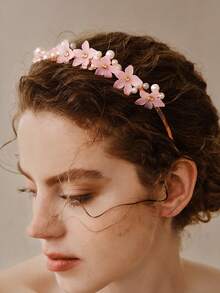 Opalesca 1pc Women Faux Pearl & Flower Decor Sweet Style Headband Boho,Hairband,Hair Hoop Headbands Hair Accessories Head Accessories - Pink - View 1