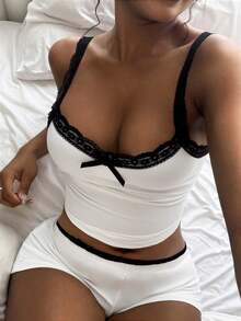 Amplova 2pcs/Set Colorblock Lace Splice Bow Decor Camisole And Ultra Low Waist Lace Splice Foldover Waistband Mini Shorts,Summer Sets - White - View 9